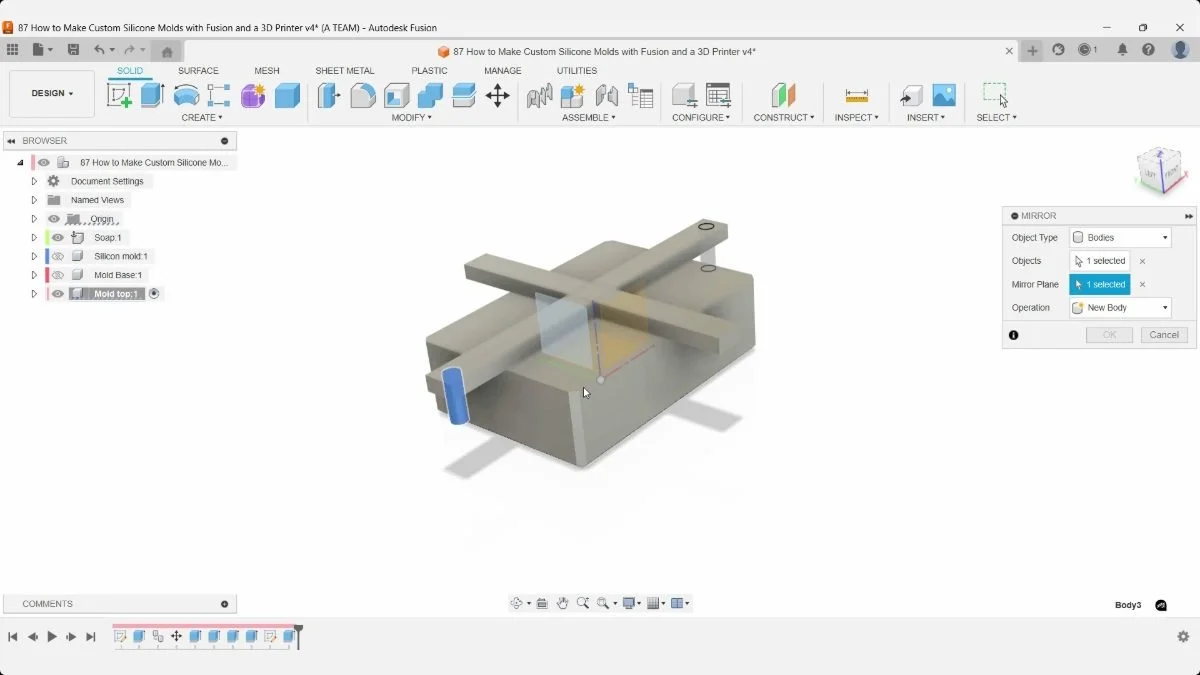 Fusion mirror preview with a selected alignment pin, central origin plane, and pin at the opposite support end.