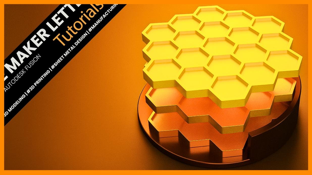 3D-rendered honeycomb coaster and holder modeled in Autodesk Fusion, showing the yellow geometric pattern ready for 3D printing.