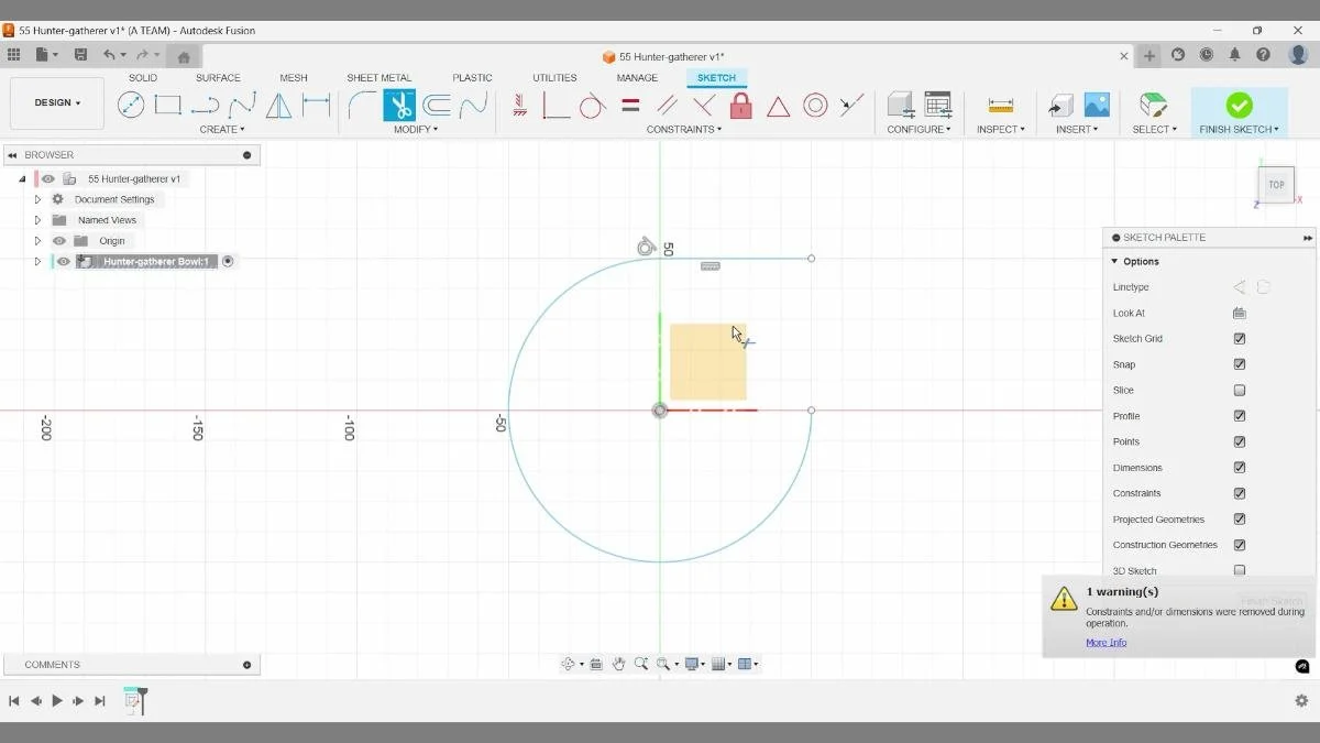 Initial base sketch in Autodesk Fusion using a trimmed circle to define the bowl foundation