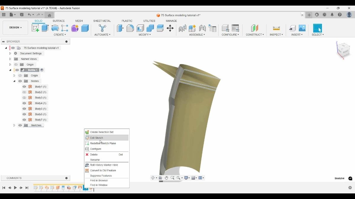 Editing the sketch used for a Split Face operation in Autodesk Fusion.