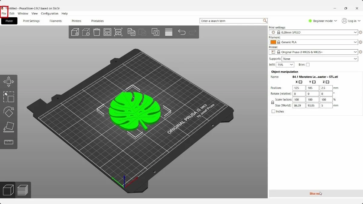 Monstera leaf coaster STL positioned on a PrusaSlicer build plate.