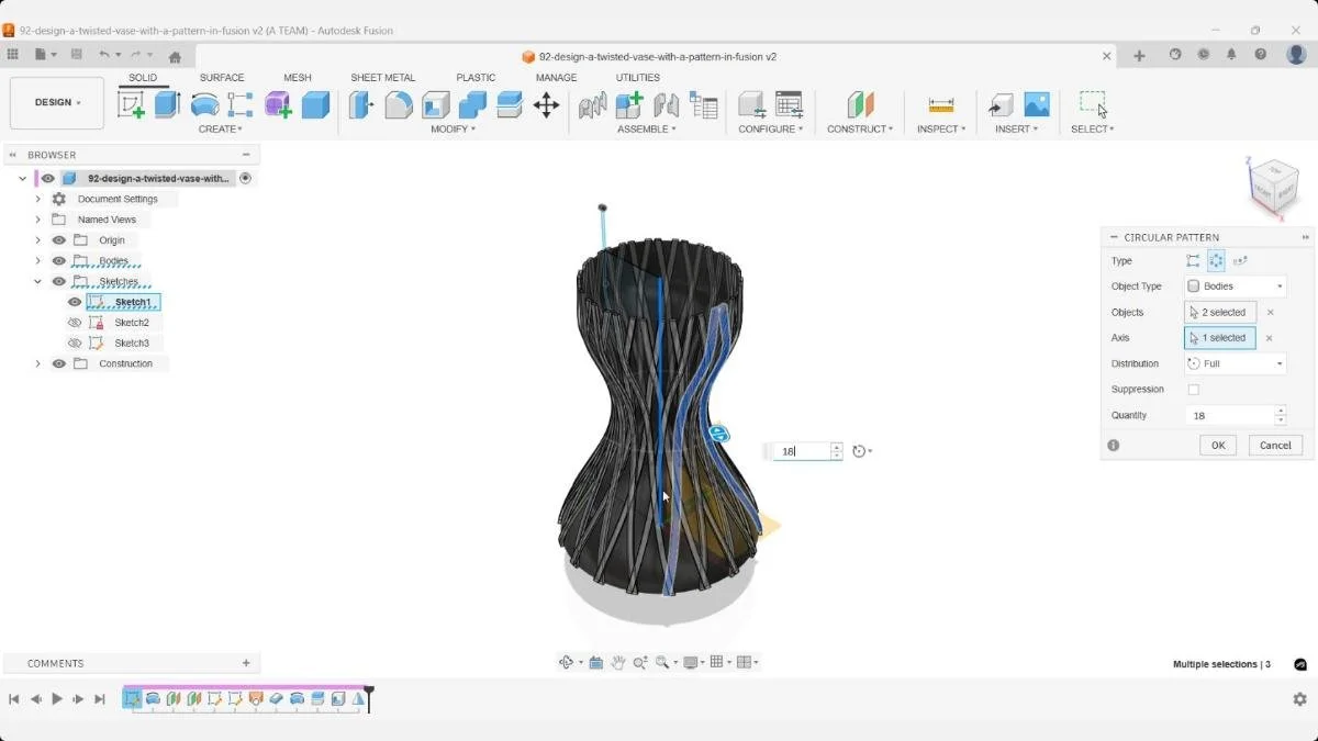 Creating an 18-body circular pattern for the twisted vase structure in Fusion.