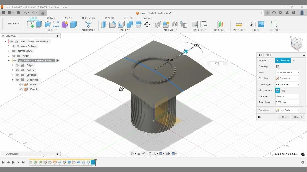fusion surface extrude spline split pen holder