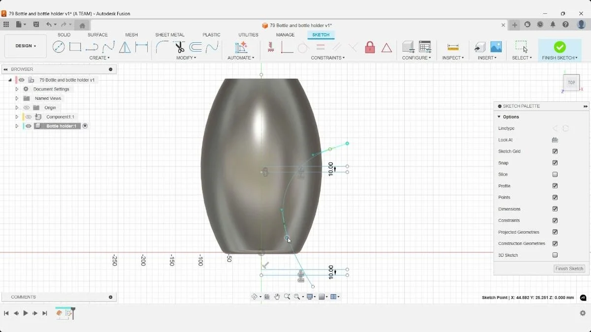 Fusion bottle holder sketch with a Fit Point Spline following the bottle side and 10 mm references.