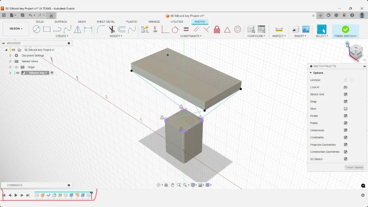 Fusion 3D sketch with four guide rails connecting the sillcock key socket and handle corners.