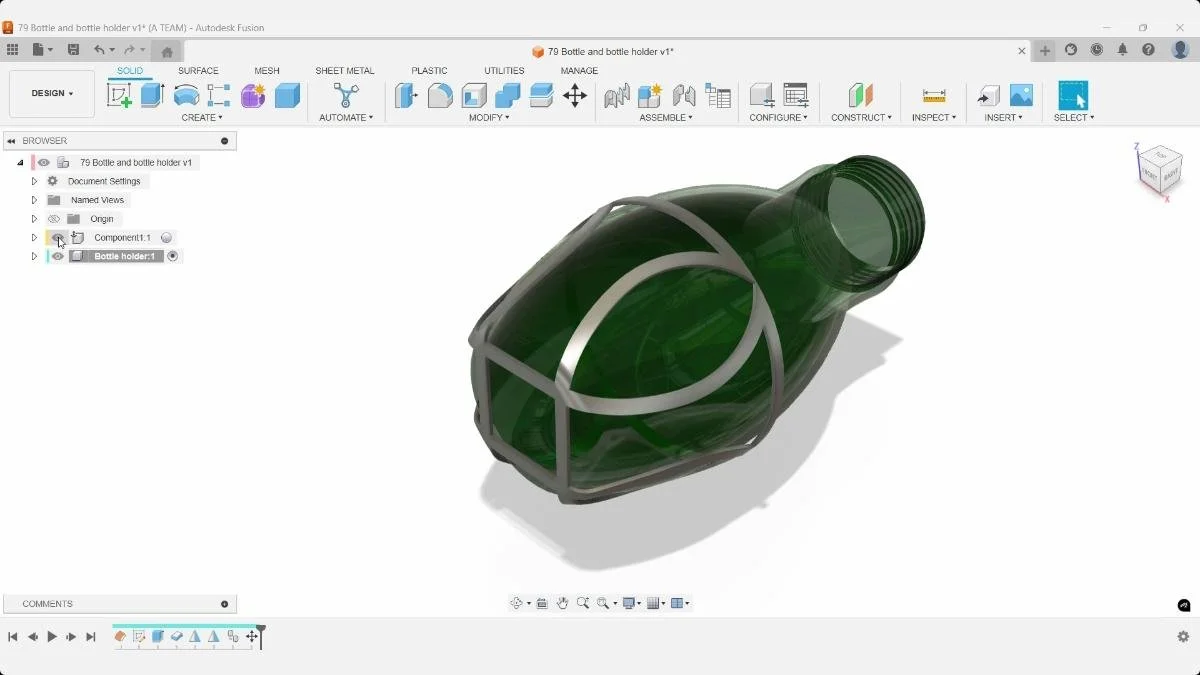 Fusion bottle model inside the curved bottle holder frame for a 3D fit check.