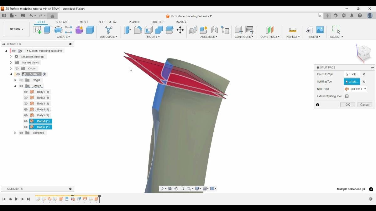 Successful Split Face operation using extended cutting surfaces in Autodesk Fusion.