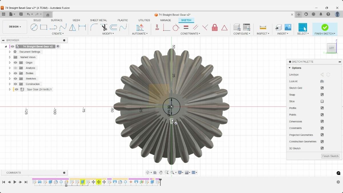 Center hole sketch on bevel gear top face in Fusion