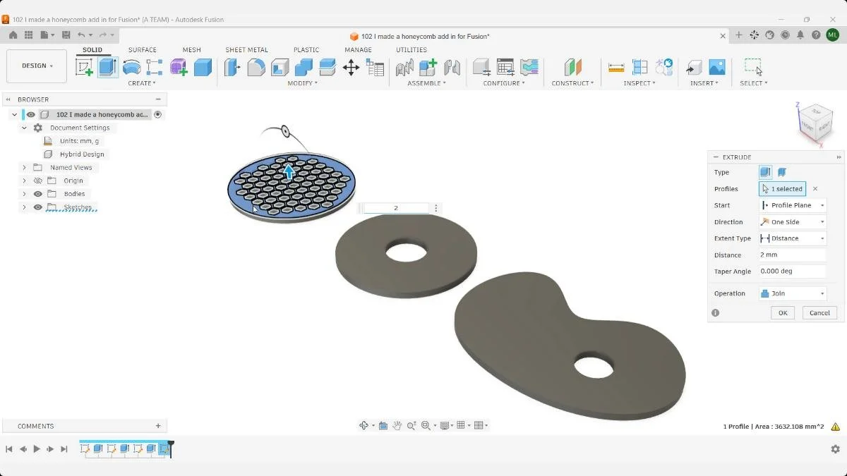 Fusion Extrude dialog beside selected honeycomb profiles on a circular body.