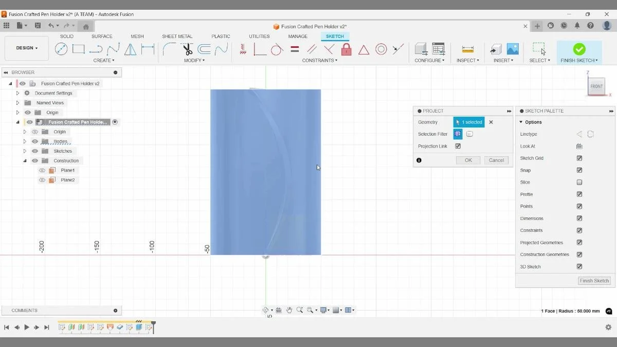 fusion project cylinder outline into sketch pen holder