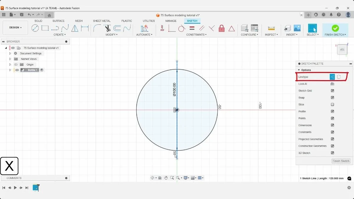 Construction centerline added through bottle sketch in Fusion.