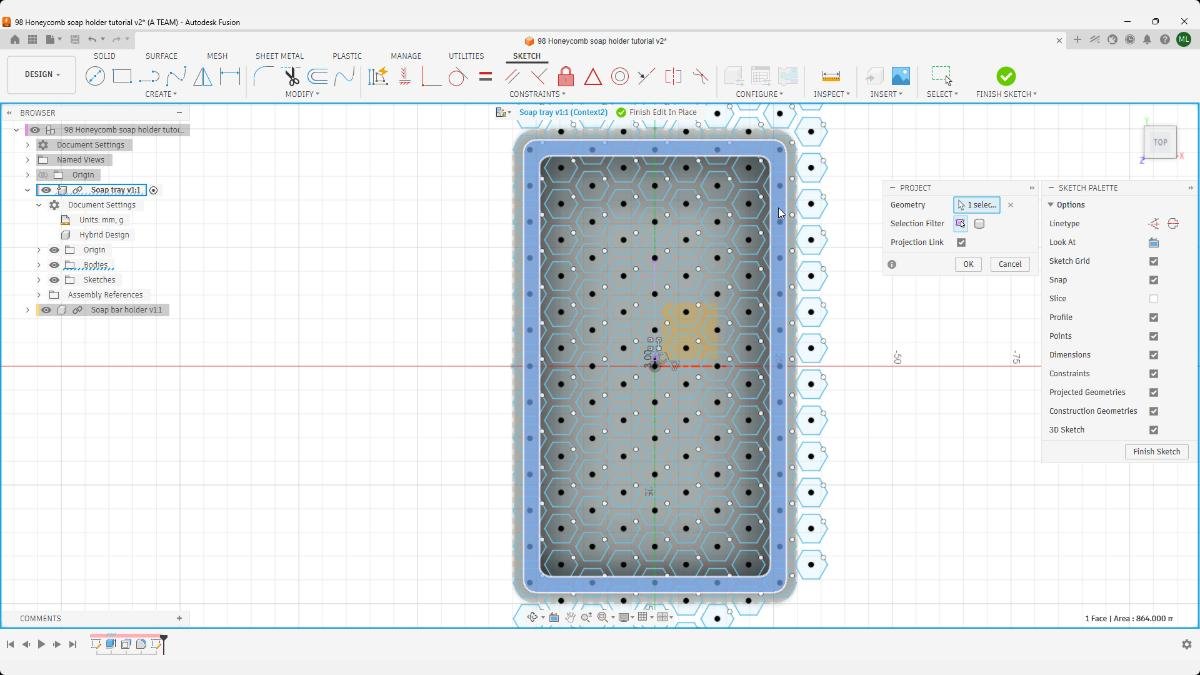 Fusion projected honeycomb boundary sketch on tray