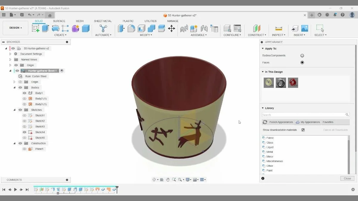 Applying final color appearances to the completed bowl in Autodesk Fusion
