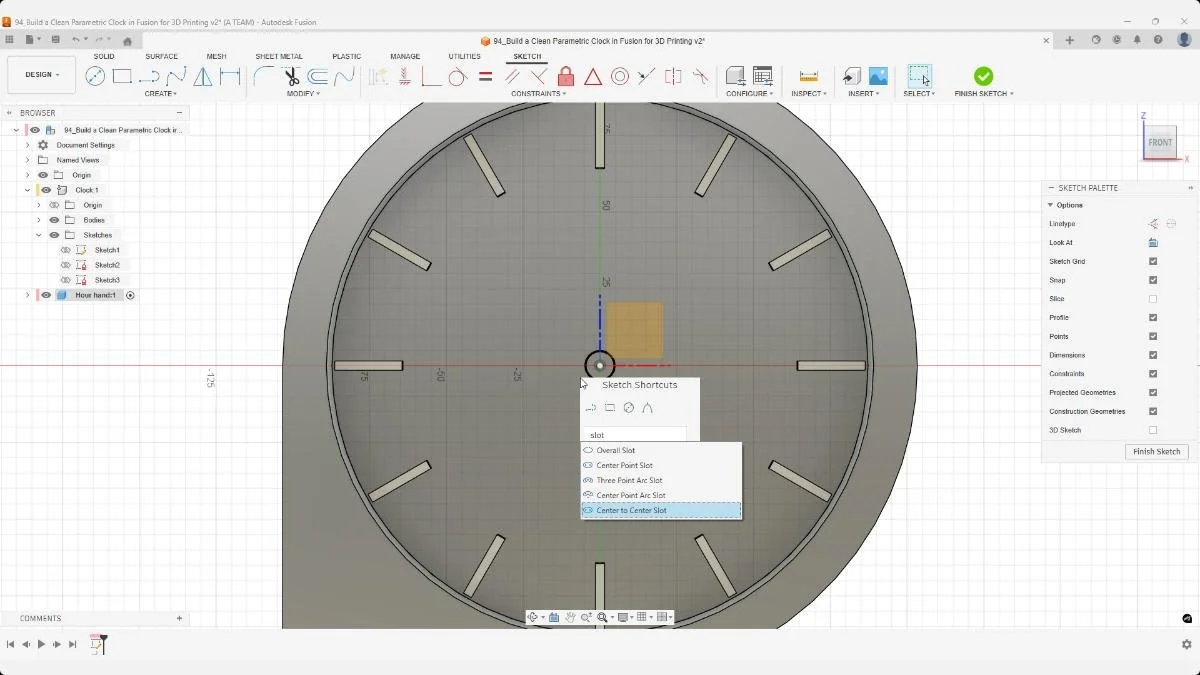 Sketching a parametric slot for the hour hand in Fusion using center-to-center slot.