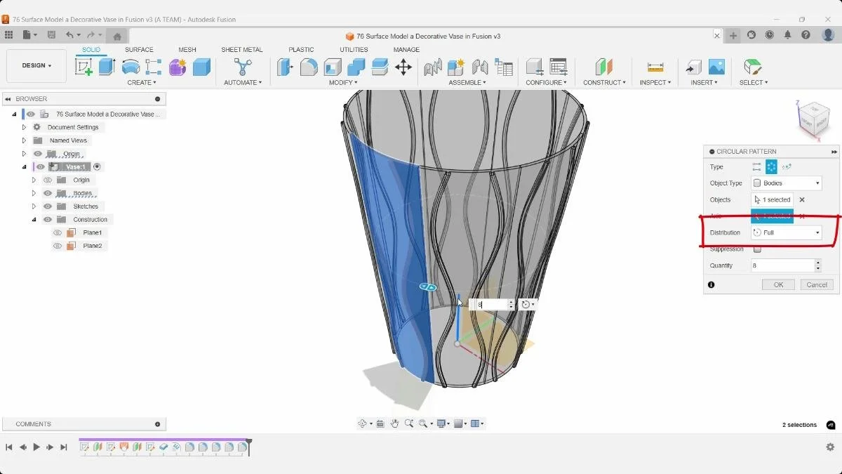 Creating an eight-instance circular pattern with Full distribution in Autodesk Fusion.