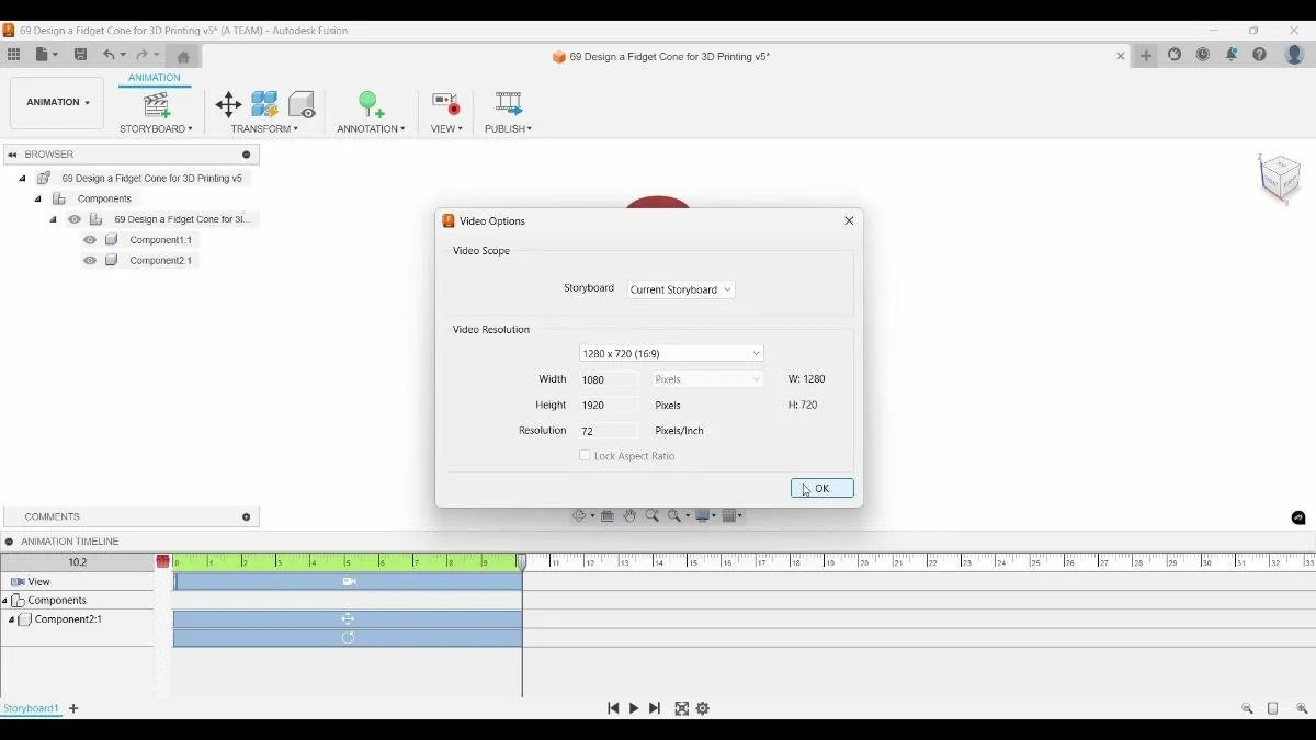 fusion fidget cone animation video export settings