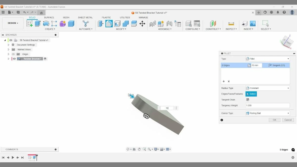 fusion fillet edge smoothing twisted bracket tutorial