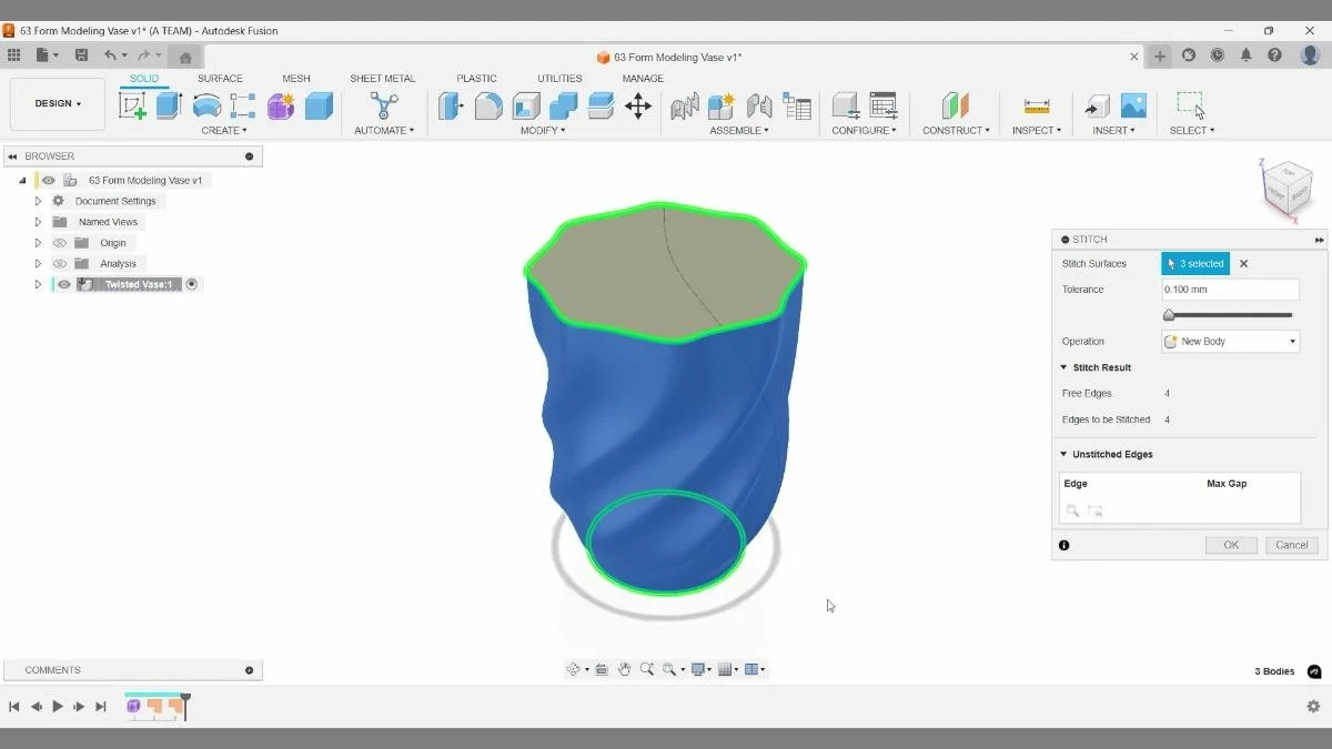 fusion stitch surfaces solid body conversion vase