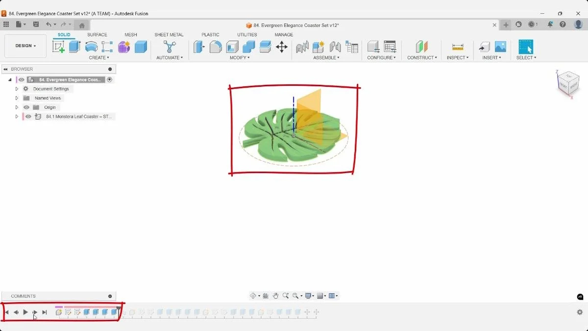 Fusion leaf coaster model and parametric timeline highlighted for review.