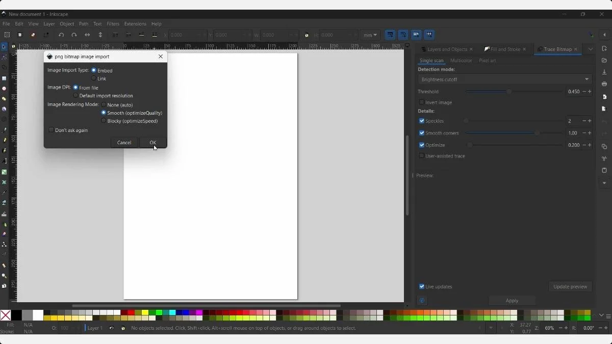 Inkscape import settings dialog over a blank document.