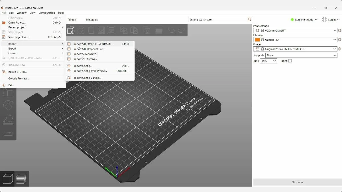 PrusaSlicer File menu open at the option to import an STL file.