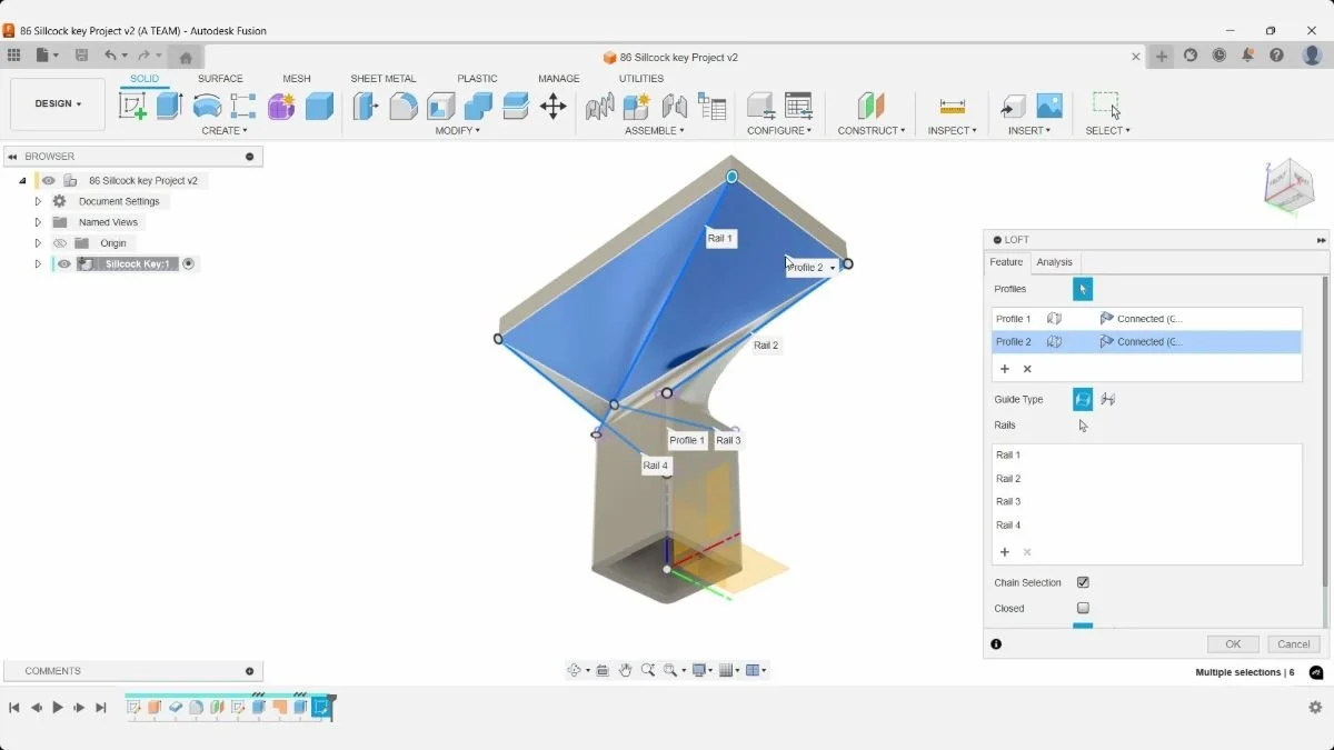 Fusion sillcock key twisted loft preview with two profiles and four selected guide rails.