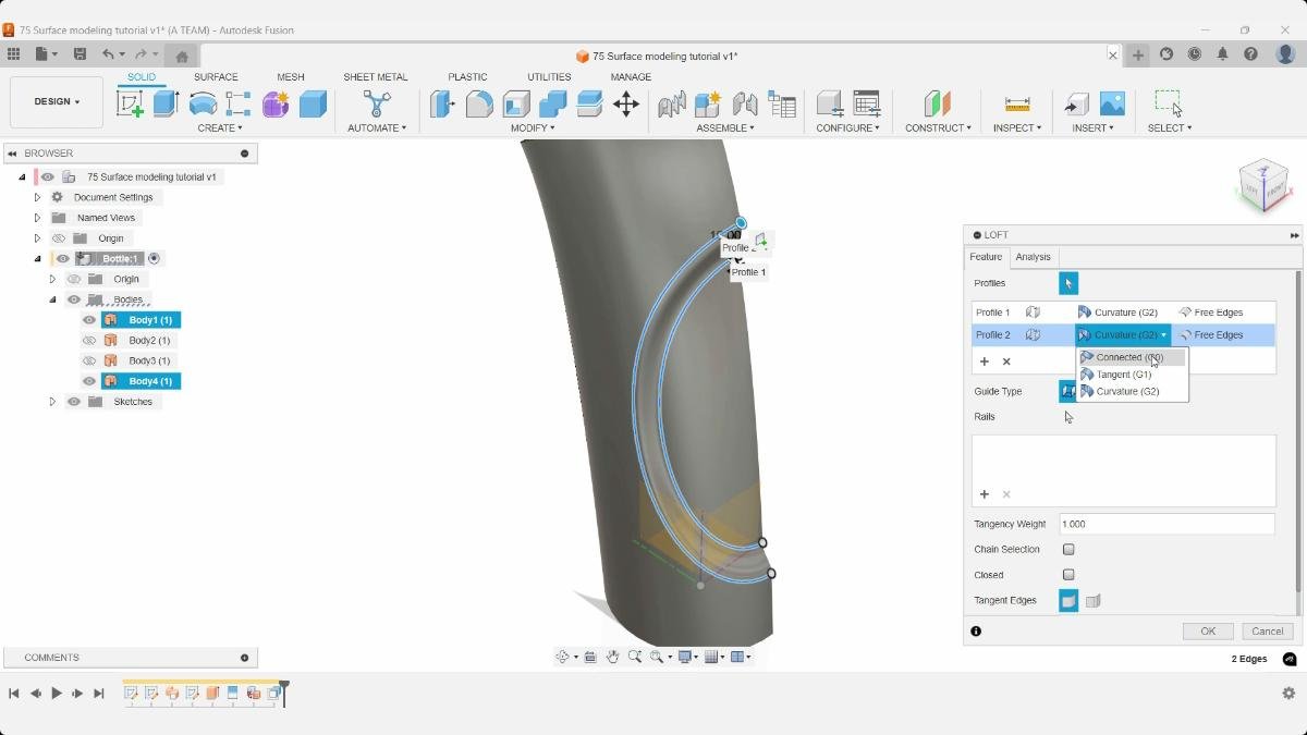 Surface Loft connecting two offset bottle surfaces in Fusion.