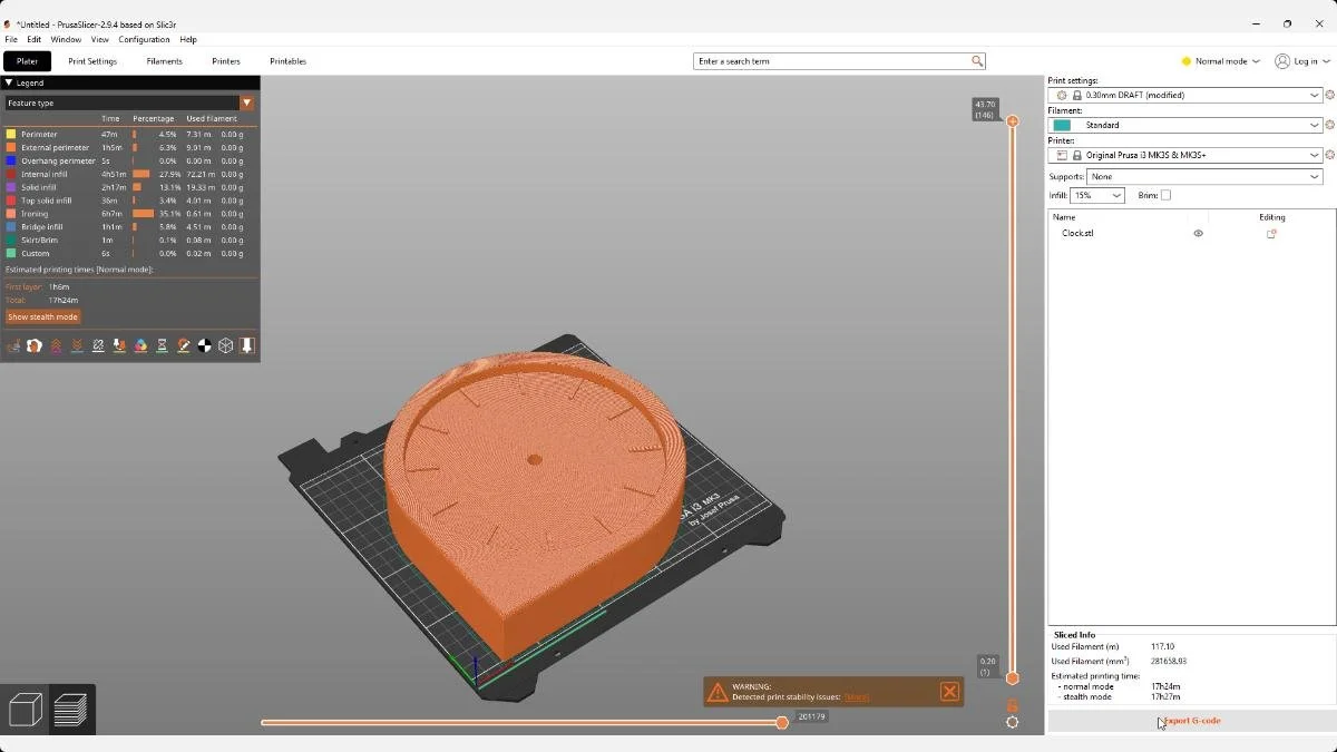 PrusaSlicer preview showing a parametric clock prepared for 3D printing.