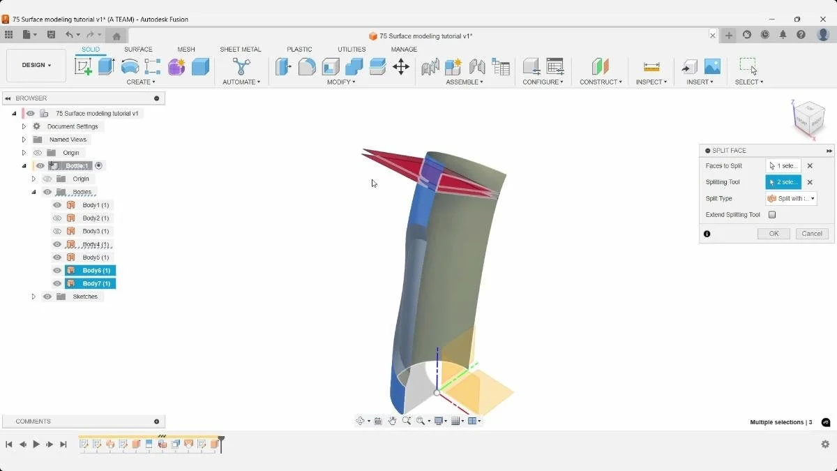 Using Split Face with surface bodies in Autodesk Fusion.