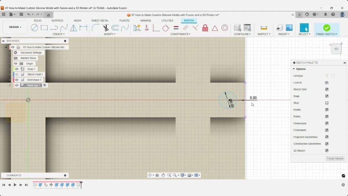 Fusion sketch dimensions a 5 mm pin circle with its center 5 mm from the support’s end edge.