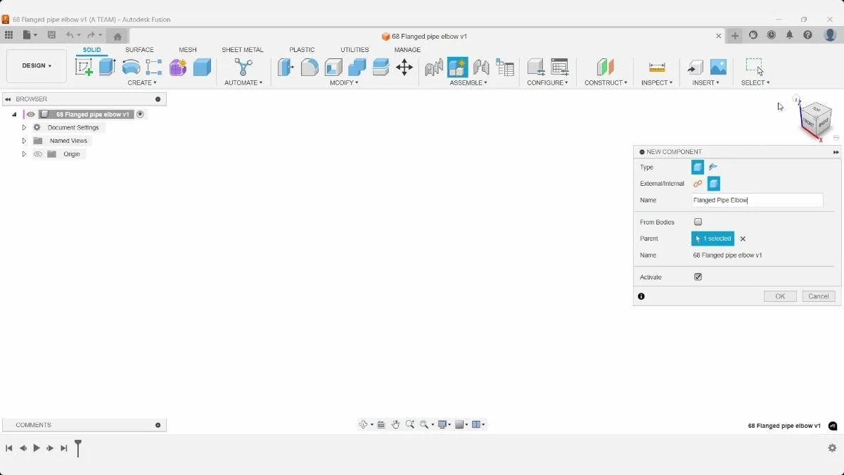 fusion new component pipe elbow setup dialog