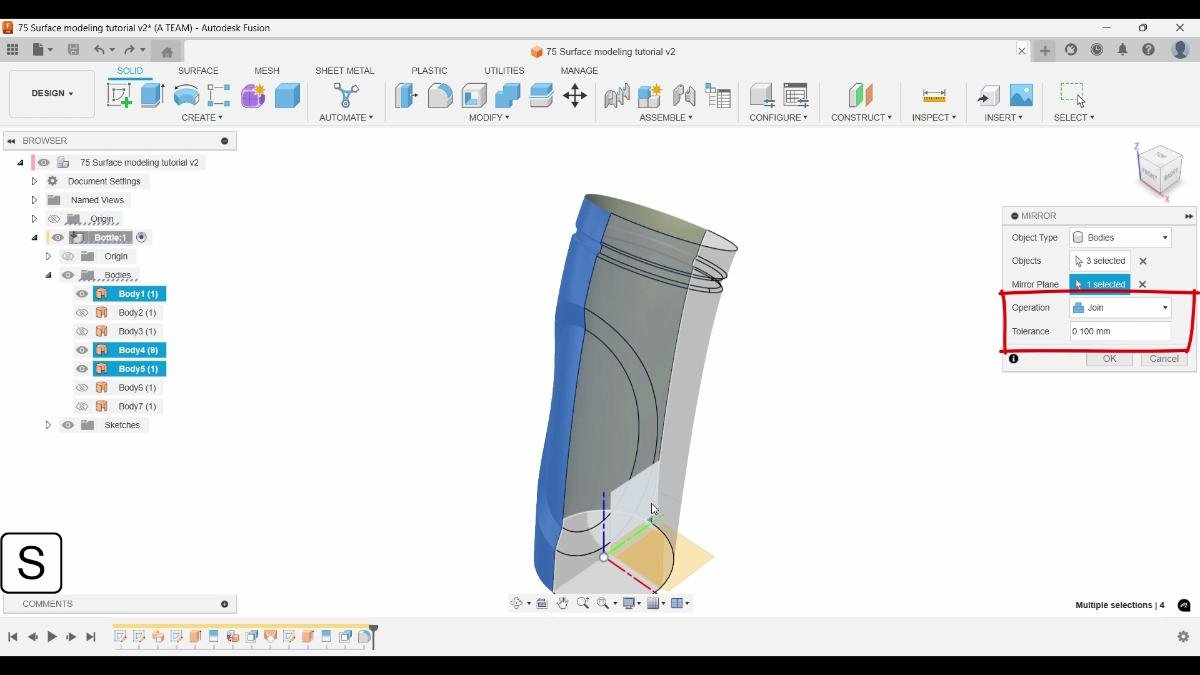 Mirroring surface bodies with the Join operation in Autodesk Fusion.