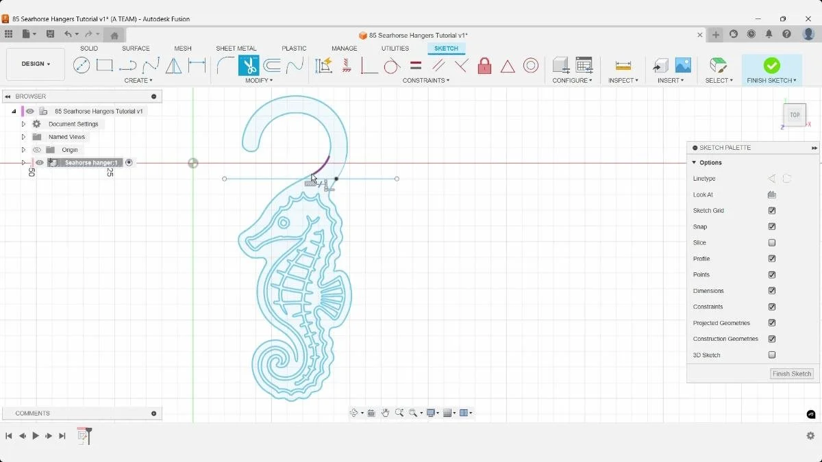 Fusion sketch with the Trim tool active near the seahorse hook and outline.