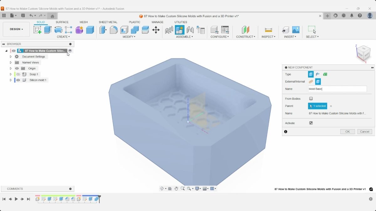 Honeycomb silicone mold cavity in Fusion with the New Component dialog open for Mold Base.