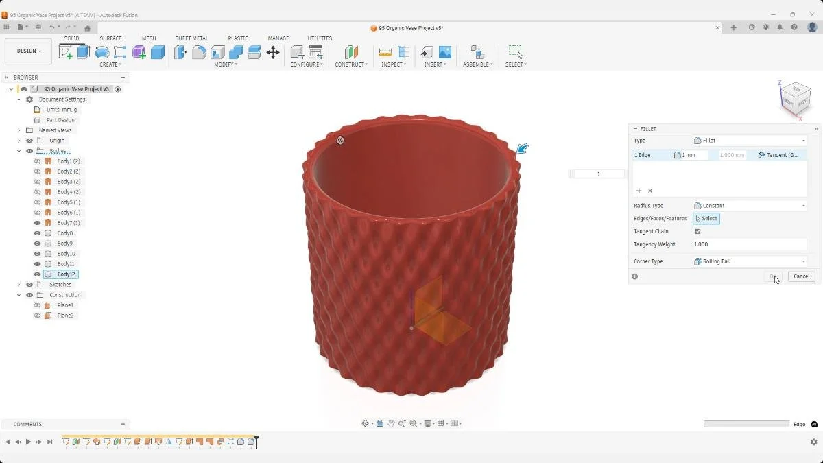 Fusion fillet tool rounding top rim edges of organic pen holder for 3D printing