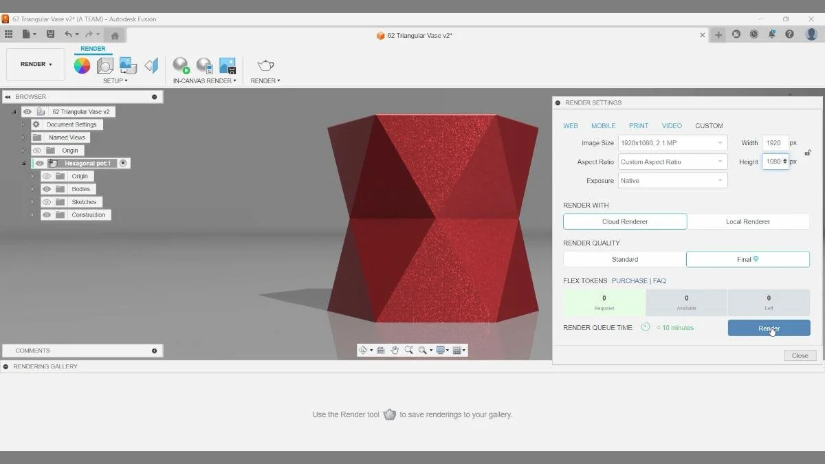 Fusion Cloud Rendering settings for triangular vase render output