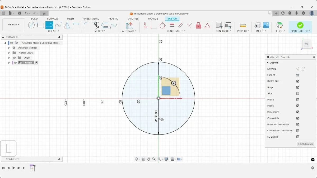 Center diameter circle with a 100 mm diameter sketched at the origin in Autodesk Fusion.