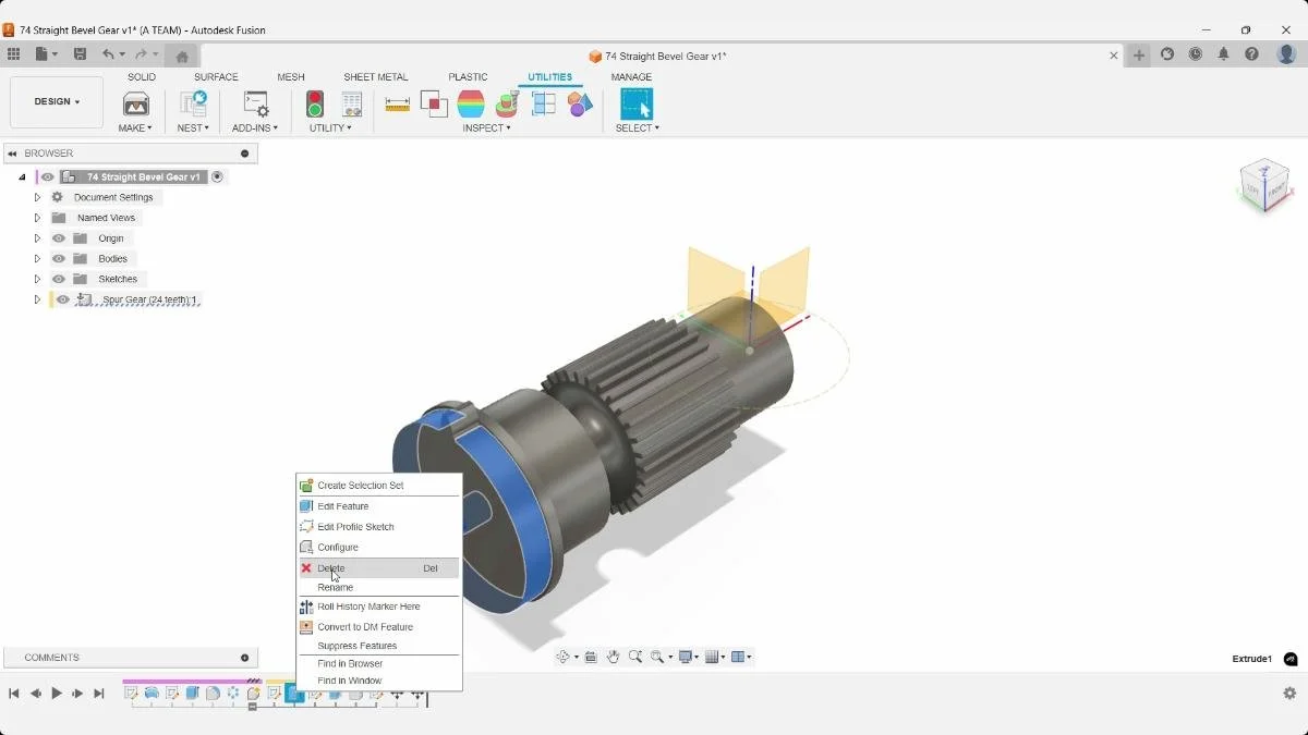 Deleting the original spur gear body from the Fusion timeline before creating the bevel gear.