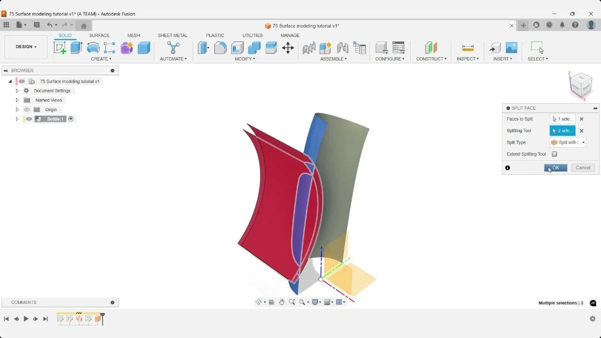 Split Face operation using surface bodies in Fusion.