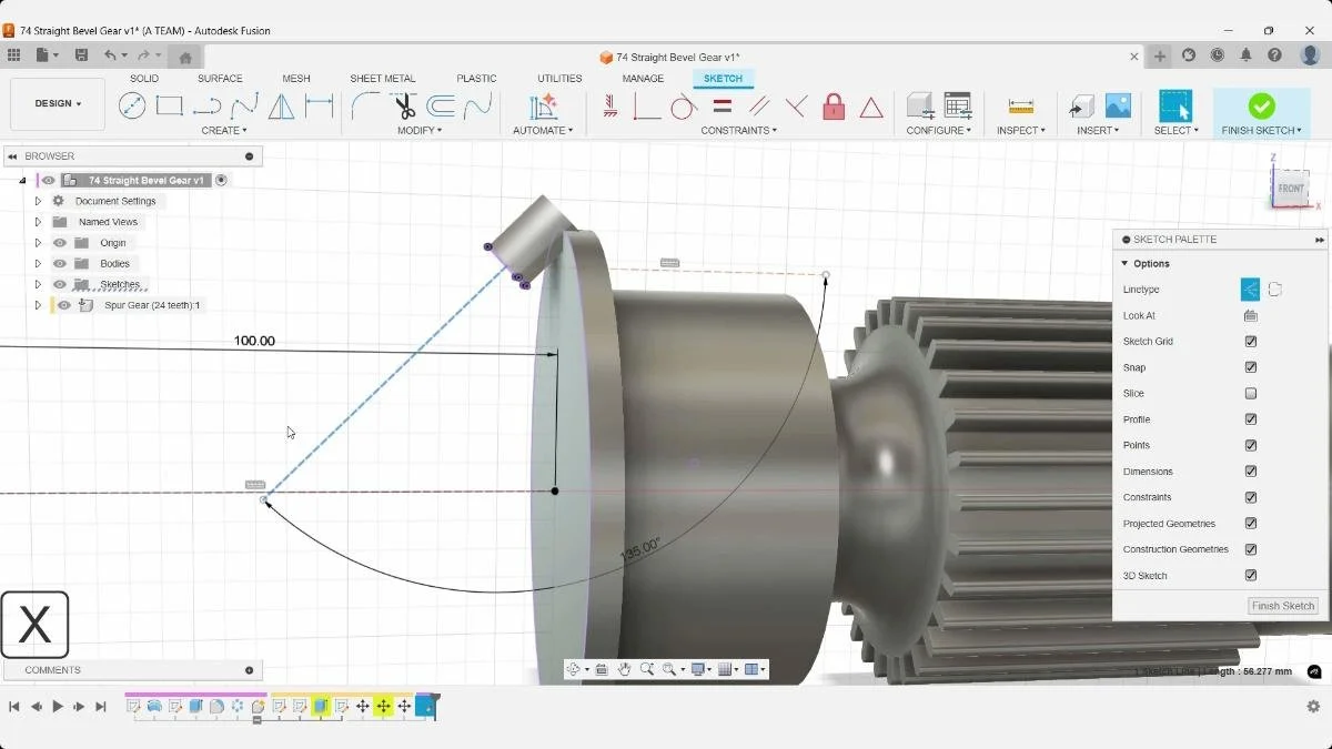 Creating a 135 degree guide line for bevel gear construction in Fusion.