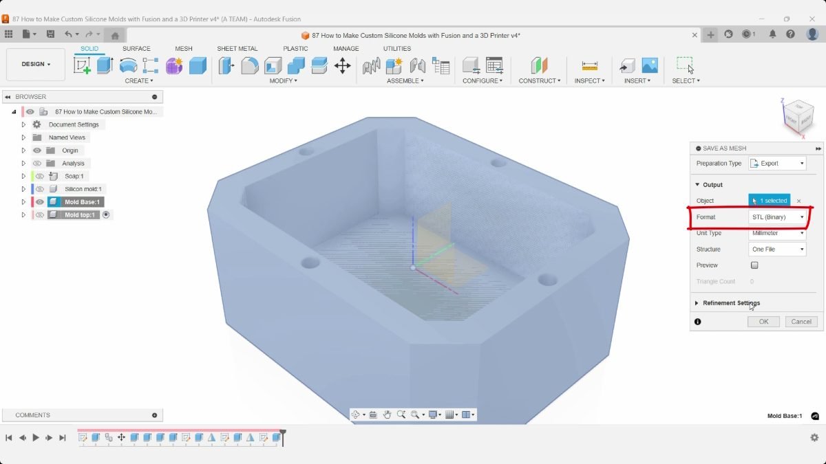 Fusion Save as Mesh dialog for Mold Base with STL (Binary) selected and four locating holes visible.