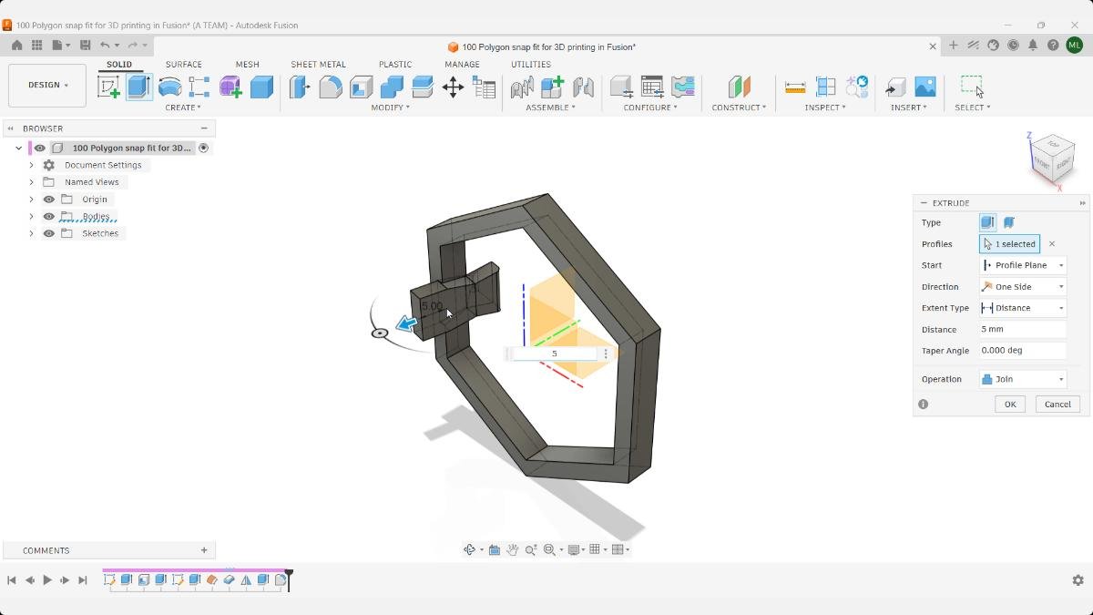 Fusion Extrude command joining additional geometry to the snap fit body.