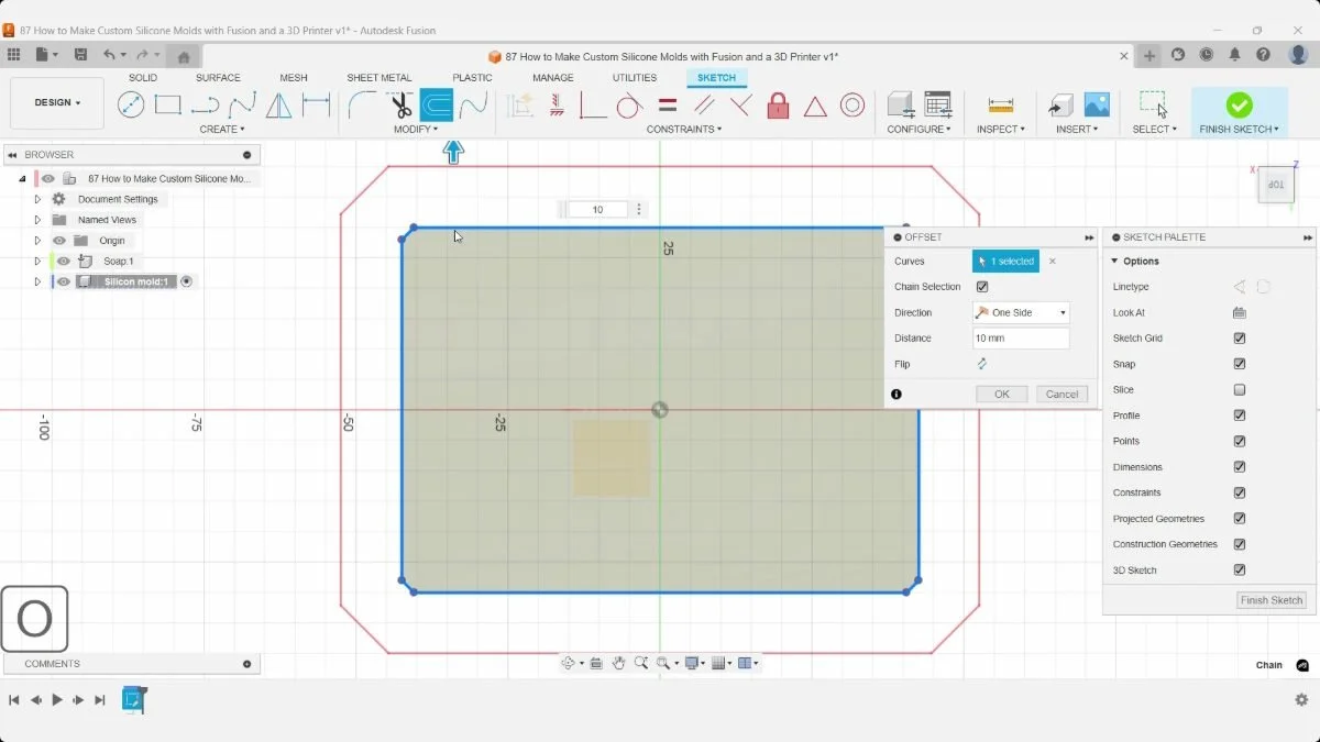 Fusion Offset preview with a 10 mm outward offset around the soap perimeter and Chain Selection enabled.