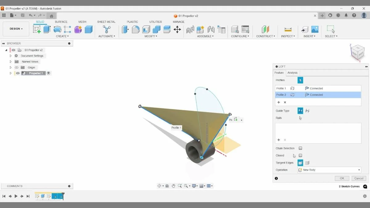 Fusion loft tool connecting blade profiles to create propeller surface.