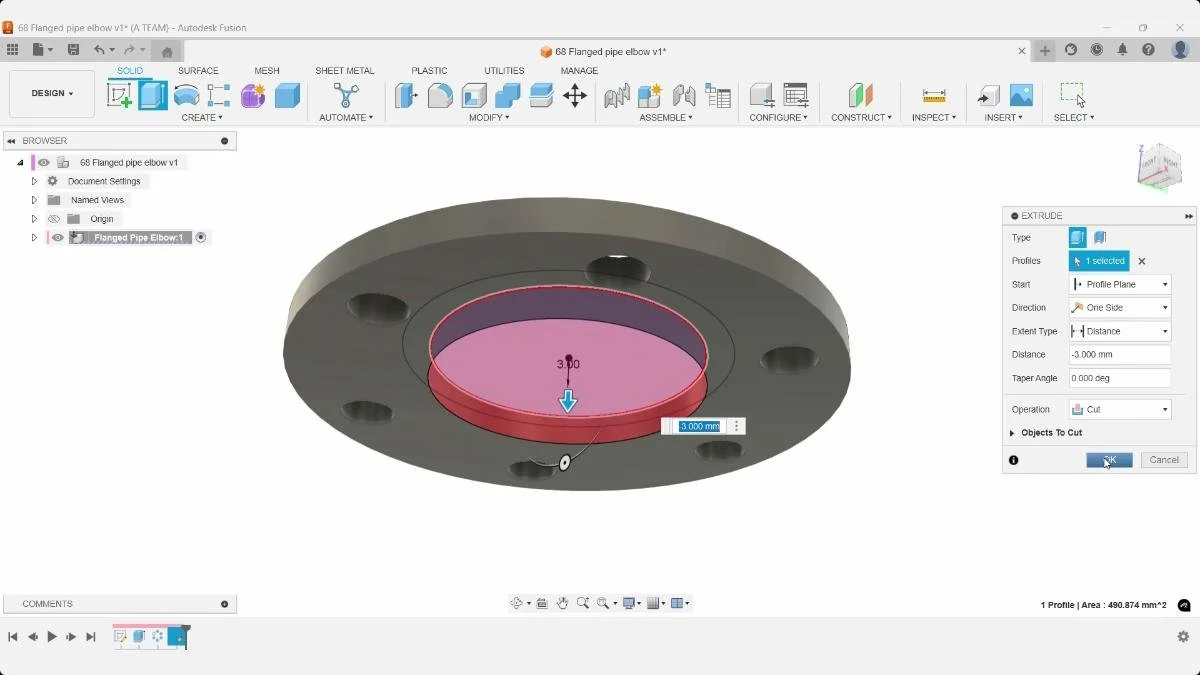 fusion extrude cut flange center hole pipe opening
