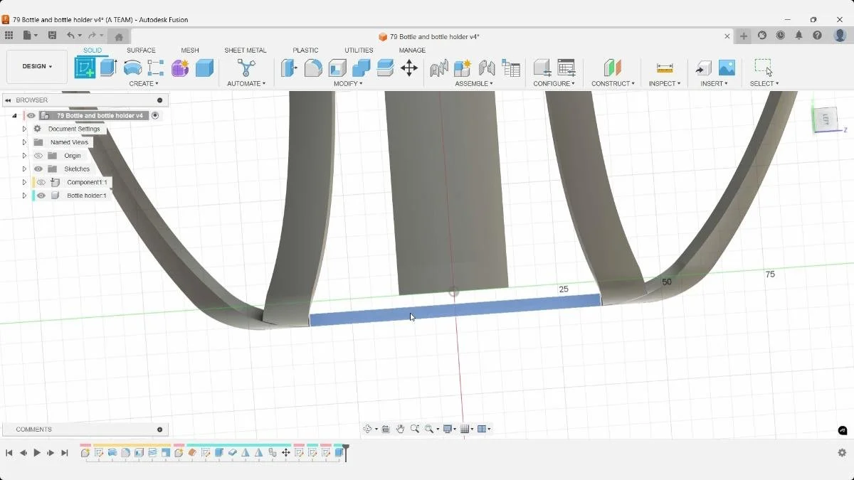 Fusion bottle holder bottom frame edge selected before creating additional base geometry.