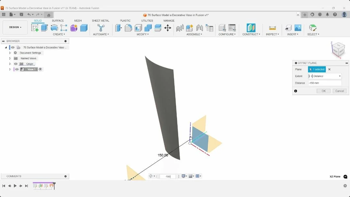Creating a 150 mm front offset plane for spline sketching in Autodesk Fusion.