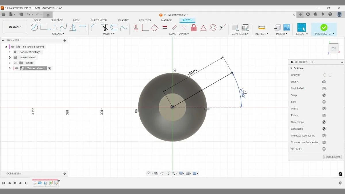 Arc sketch setting angular rotation for pattern twist.