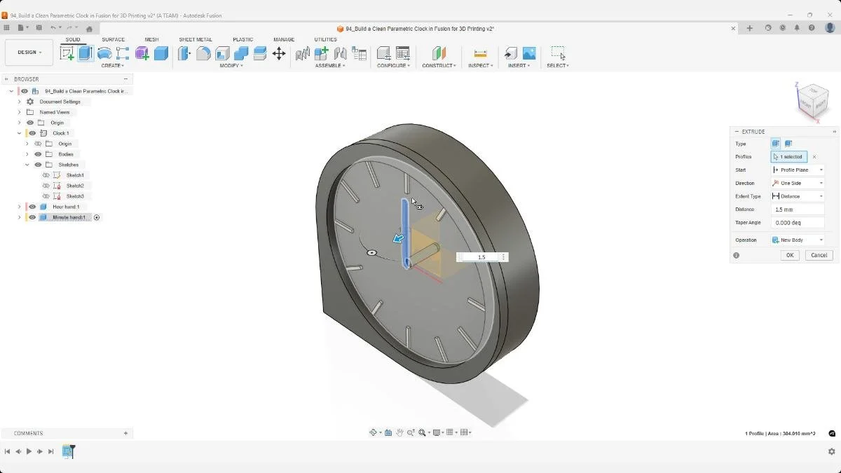 Extruding the minute hand as a new body in Fusion for a parametric 3D-printed clock.