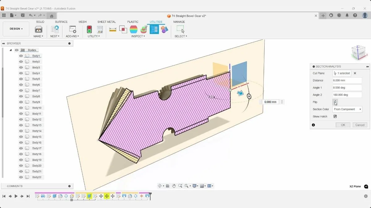 Section analysis through bevel gear model in Fusion
